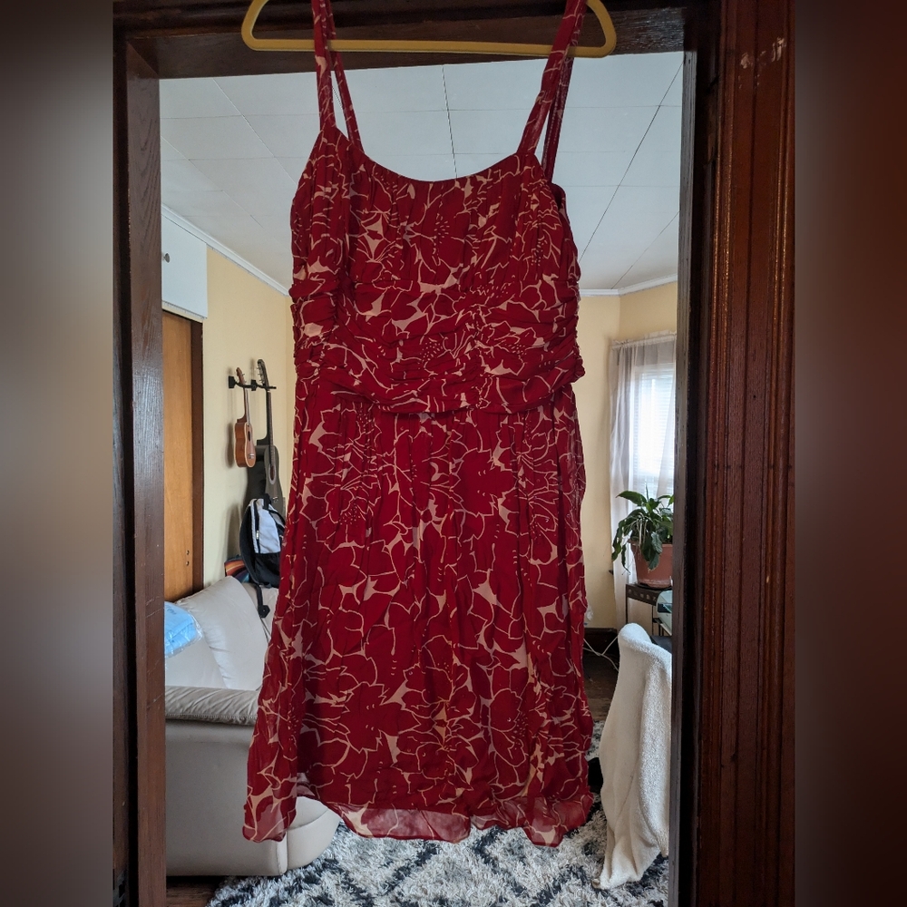 EVA BLUE Red/White Beaded Chiffon Dress, Ruched Waist, Wide Skirt, Knee-Lgth, 16